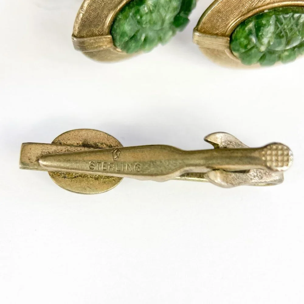 Vintage Cufflinks and Tie Clip Set Carved Stone Sterling Silver